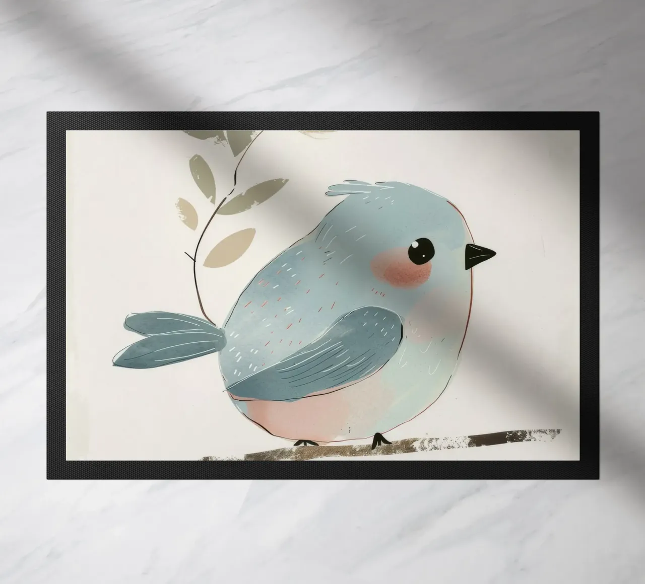 Illustrazione stilizzata di un uccello blu su un ramo con ramoscello zerbino da DesignDoodle