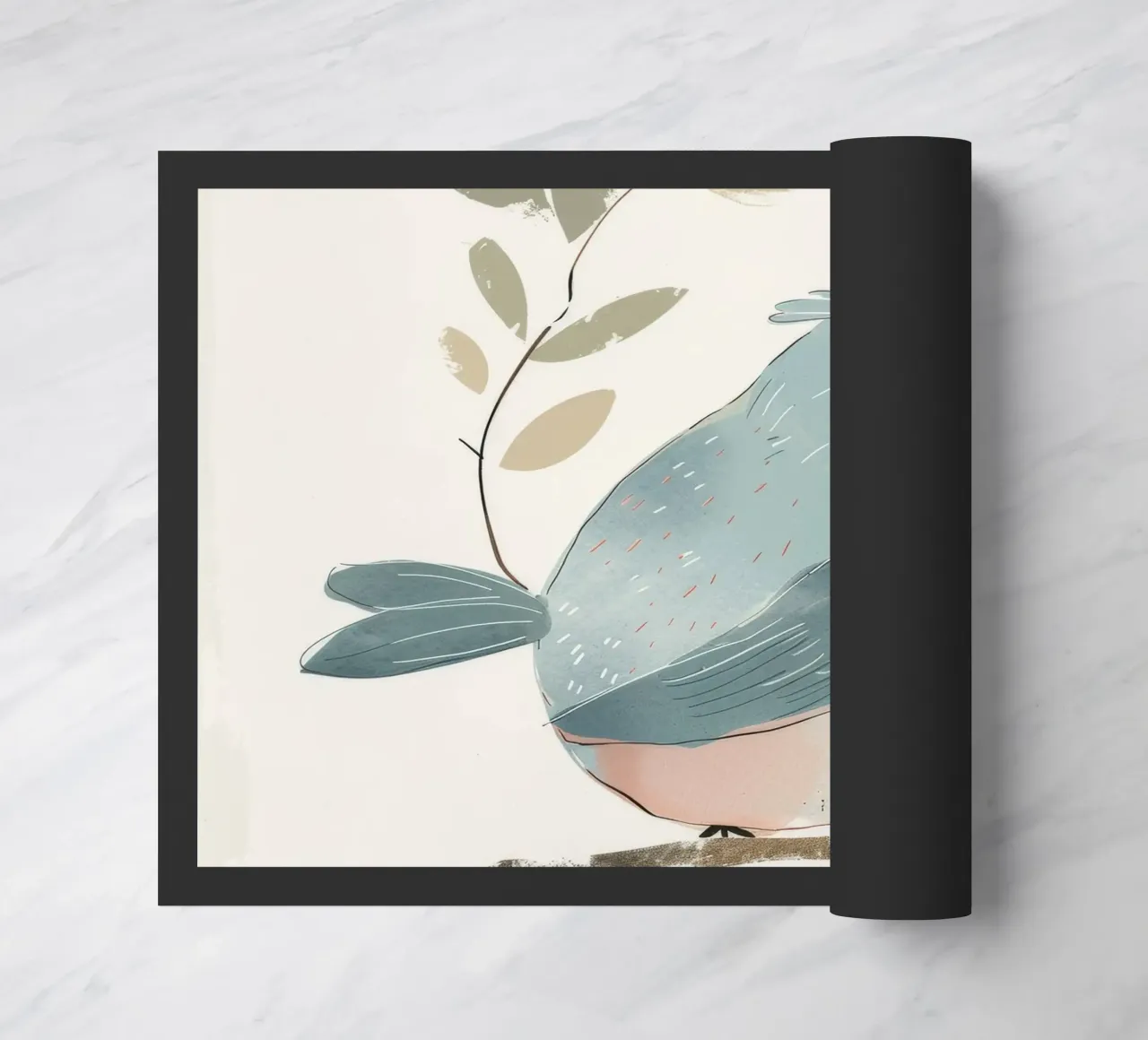 Illustrazione stilizzata di un uccello blu su un ramo con ramoscello zerbino da DesignDoodle
