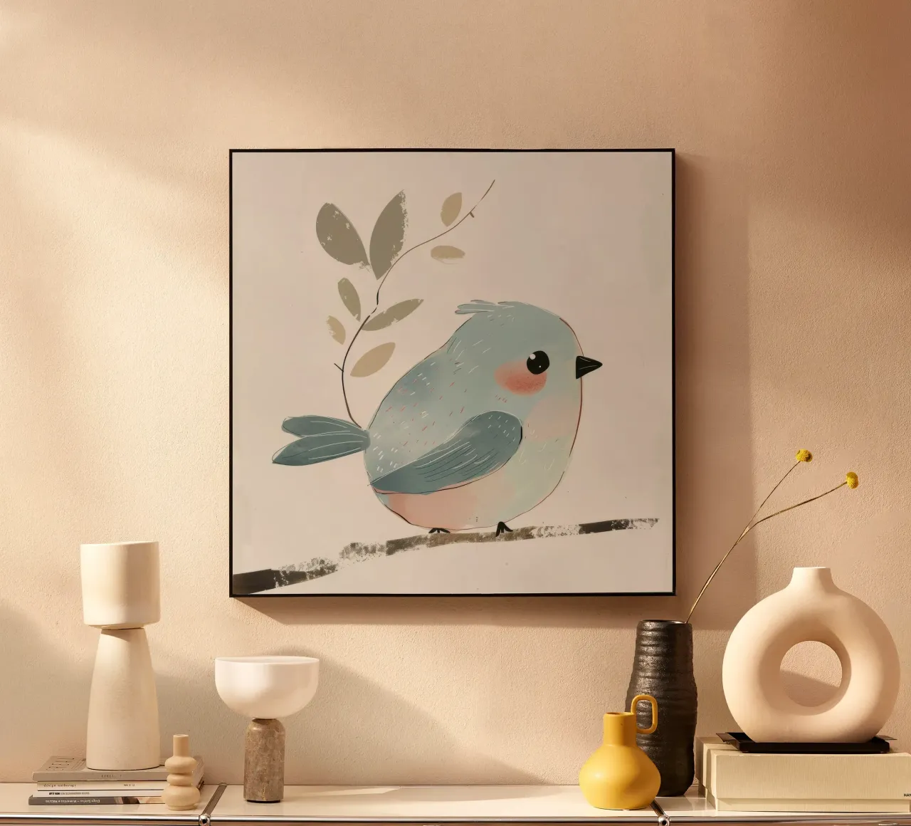 Illustrazione stilizzata di un uccello blu su un ramo con ramoscello alluminio dibond da DesignDoodle