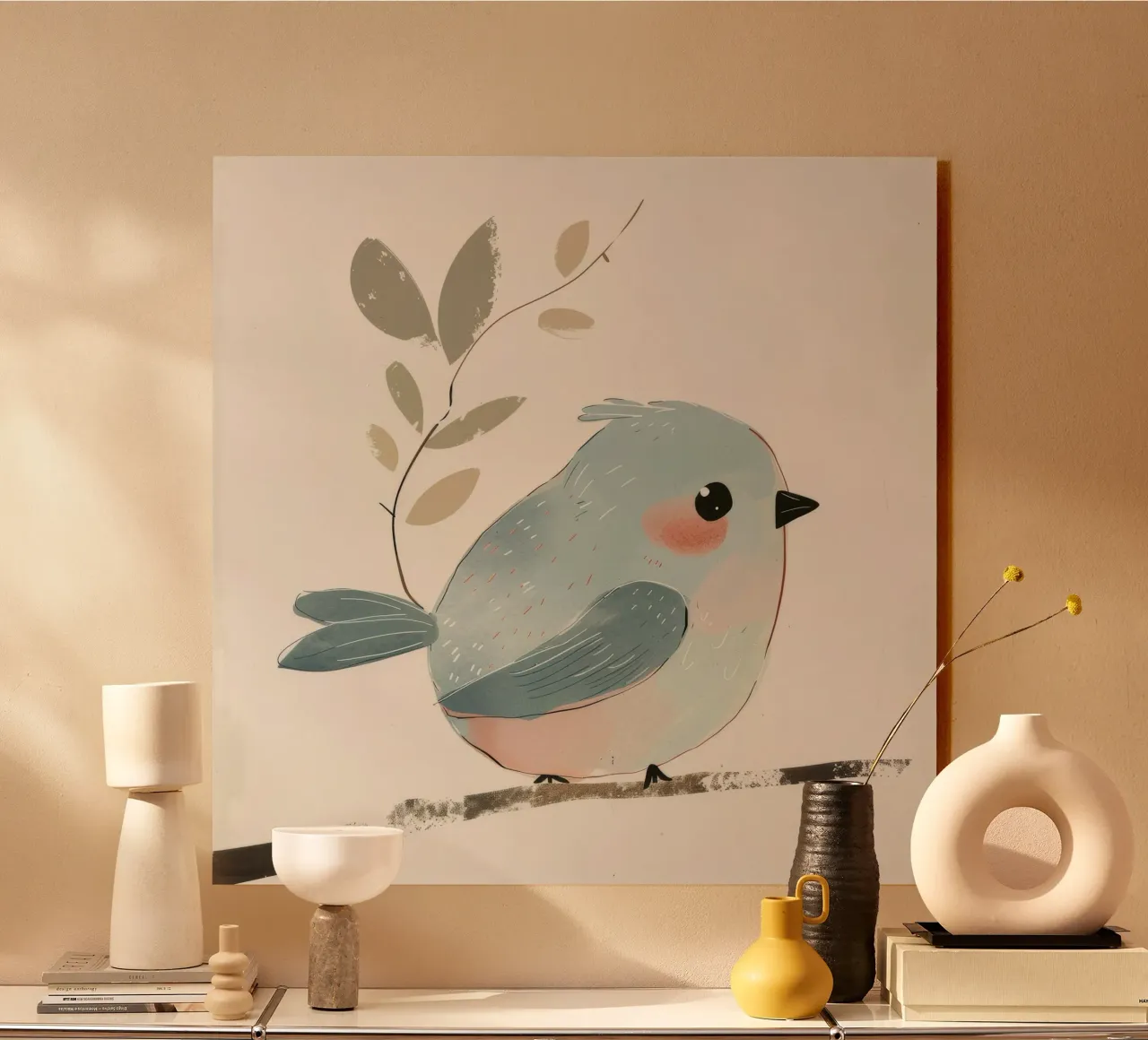 Illustrazione stilizzata di un uccello blu su un ramo con ramoscello alluminio dibond da DesignDoodle
