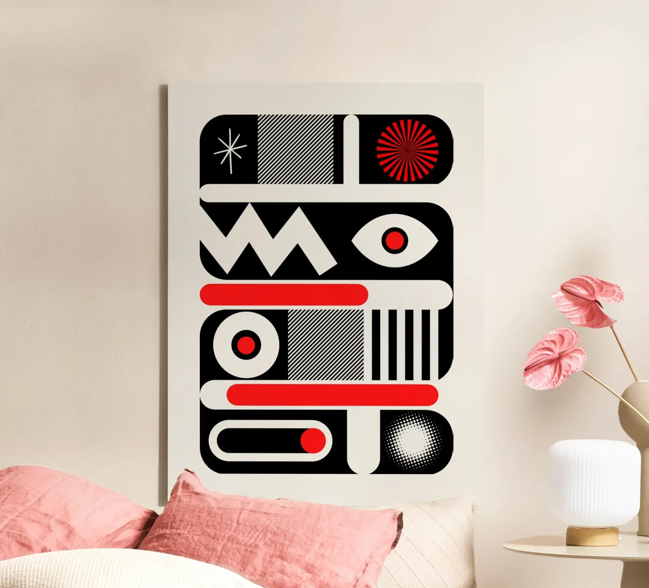 Red mono geometrical canvas by Little Dean