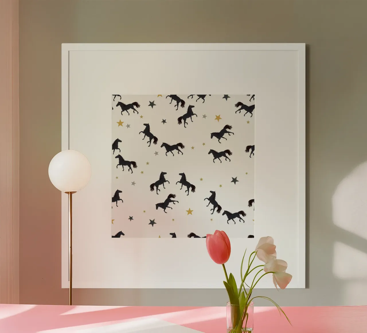 Cavallo nero con stelle poster con telaio in plastica da gulsengunel