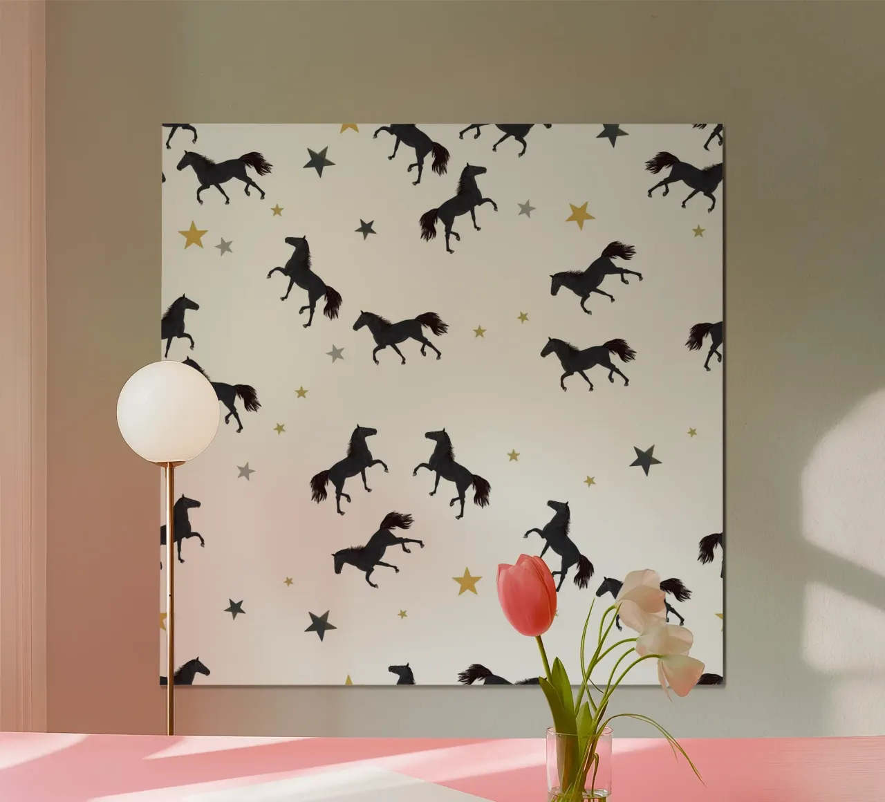Cavallo nero con stelle poster con telaio in plastica da gulsengunel