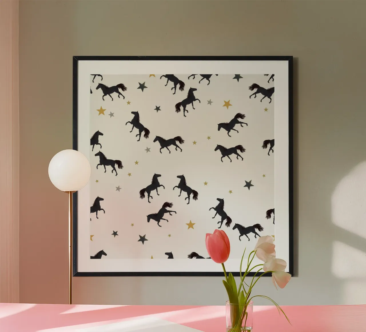 Cavallo nero con stelle poster con telaio in plastica da gulsengunel