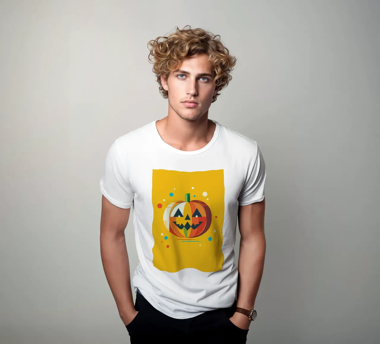 Colourful geometric Halloween pumpkin with a cheerful face t-shirt by namosh