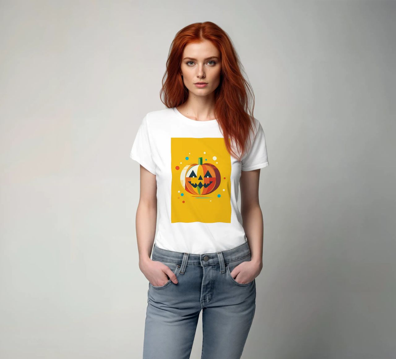 Zucca di Halloween geometrica e colorata con un viso allegro t-shirt da namosh