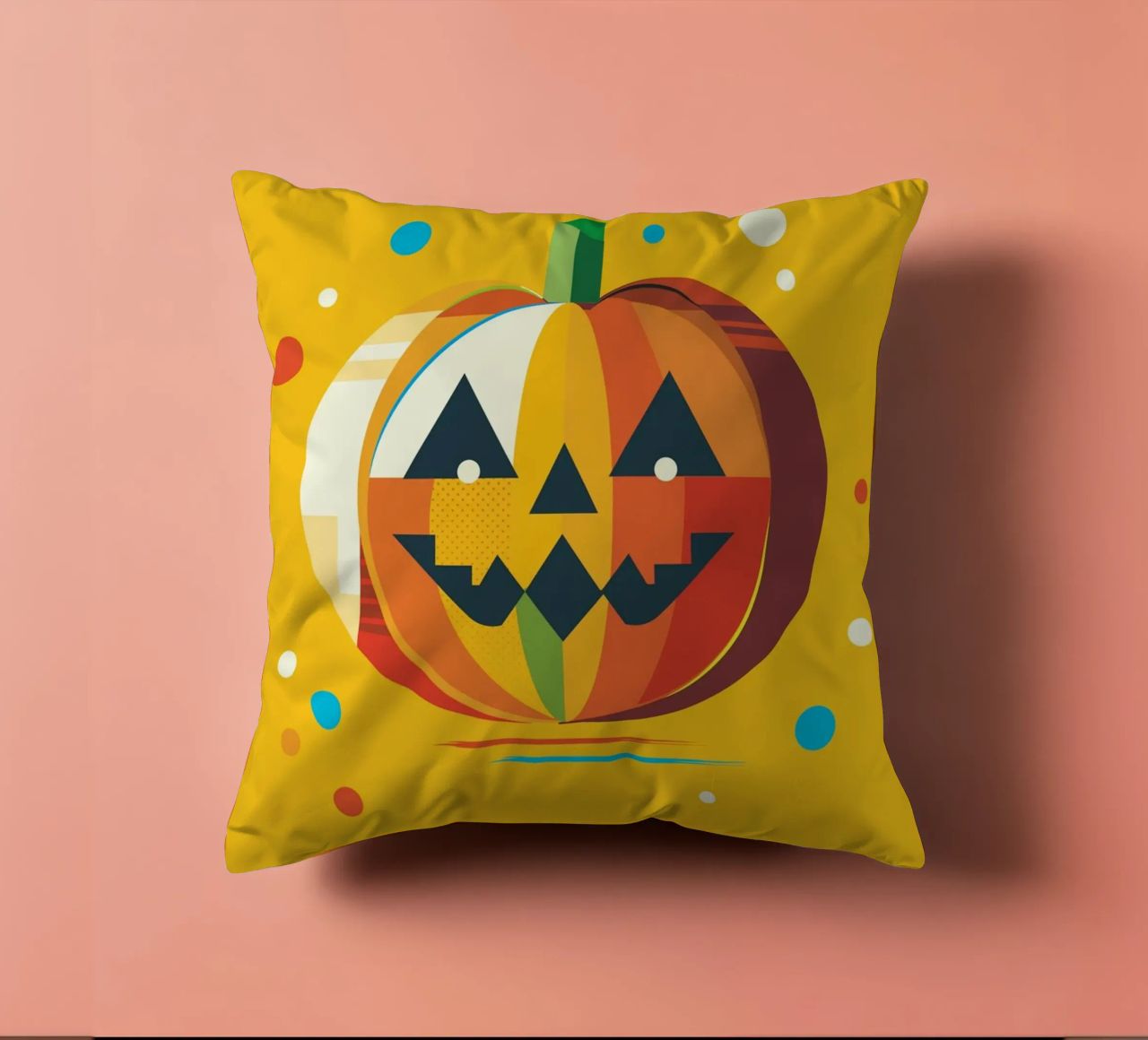 Zucca di Halloween geometrica e colorata con un viso allegro cuscino da namosh