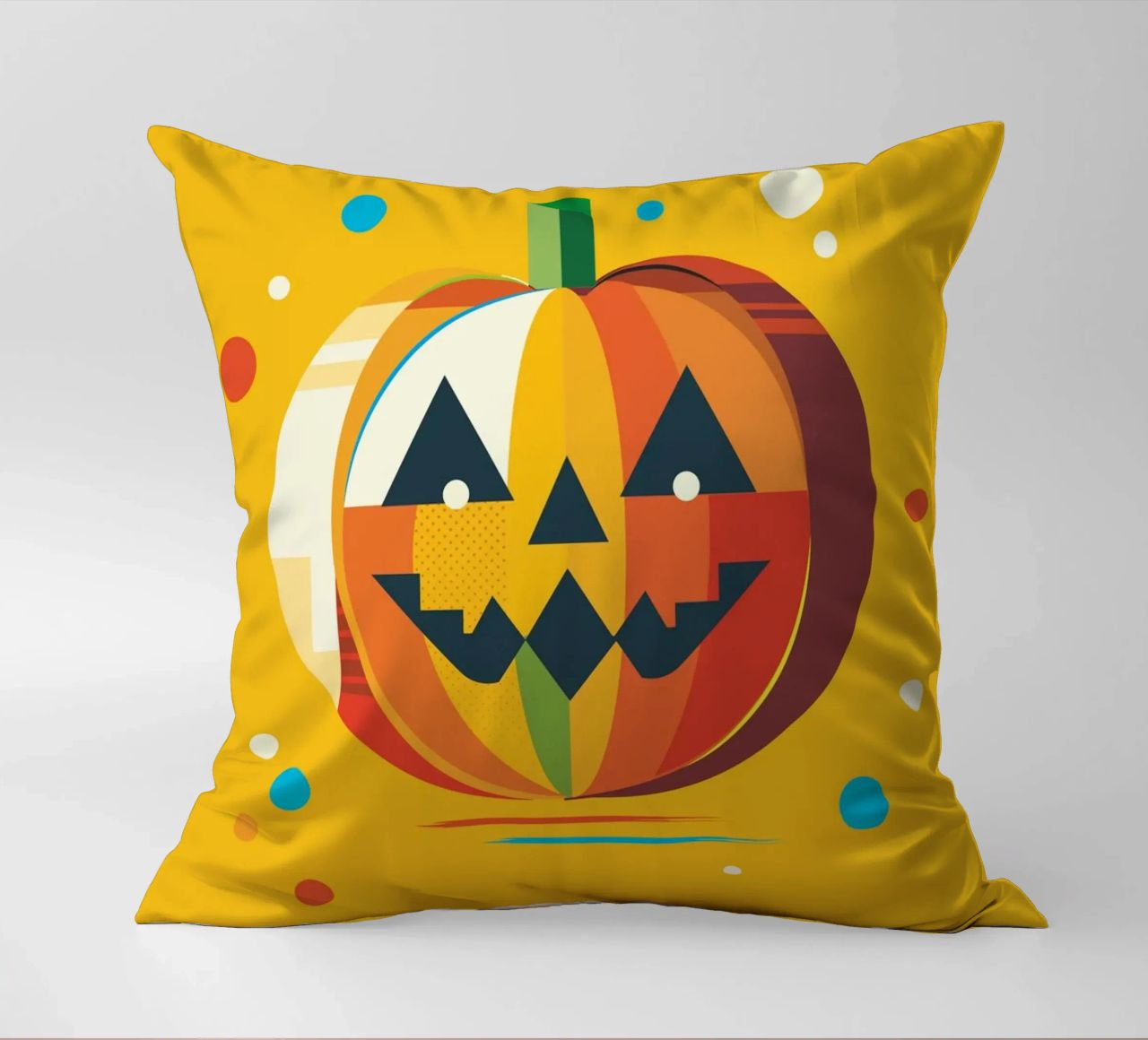 Zucca di Halloween geometrica e colorata con un viso allegro cuscino da namosh