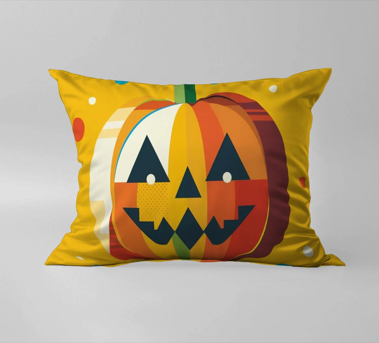 Zucca di Halloween geometrica e colorata con un viso allegro cuscino da namosh