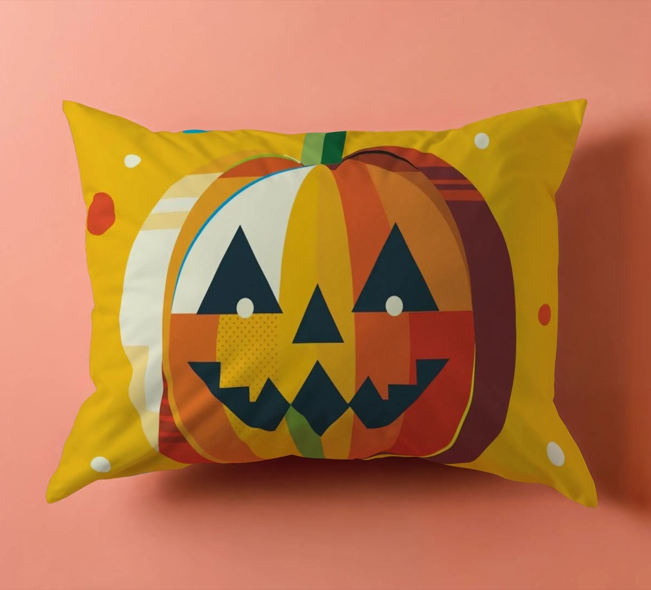 Zucca di Halloween geometrica e colorata con un viso allegro cuscino da namosh