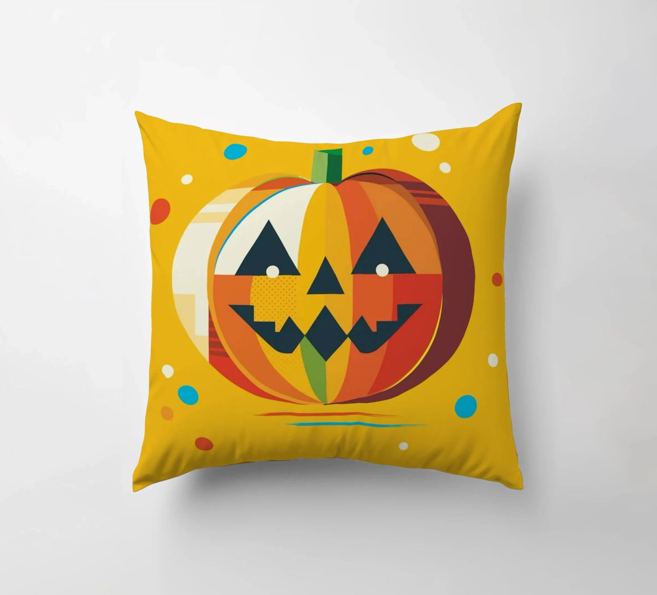Zucca di Halloween geometrica e colorata con un viso allegro cuscino da namosh