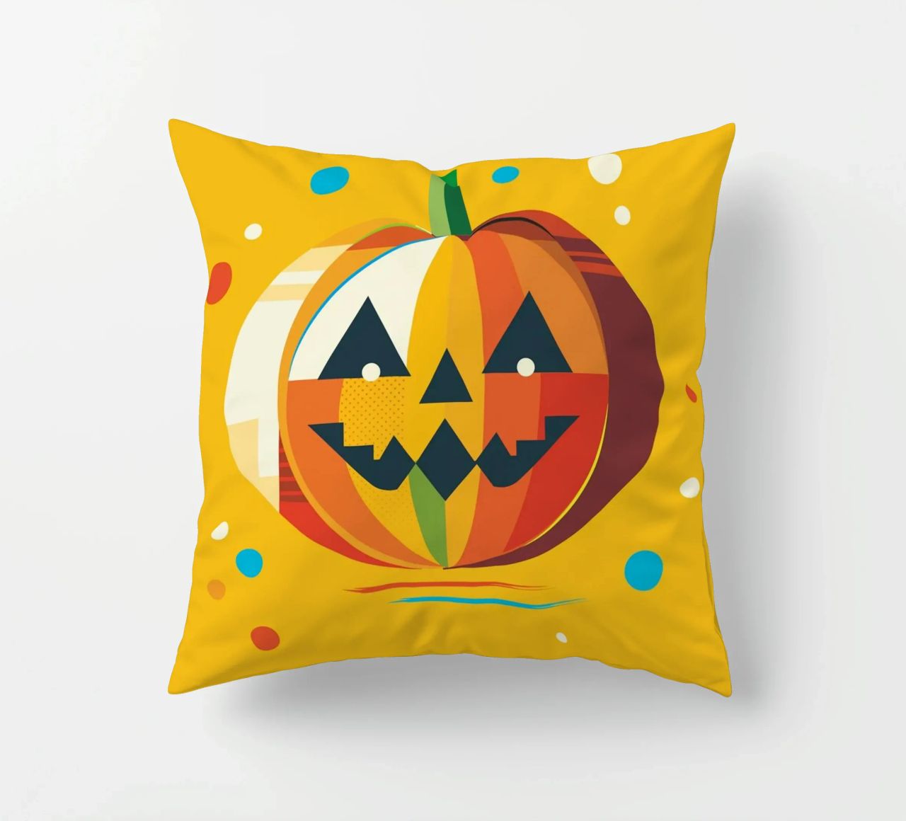 Zucca di Halloween geometrica e colorata con un viso allegro cuscino da namosh