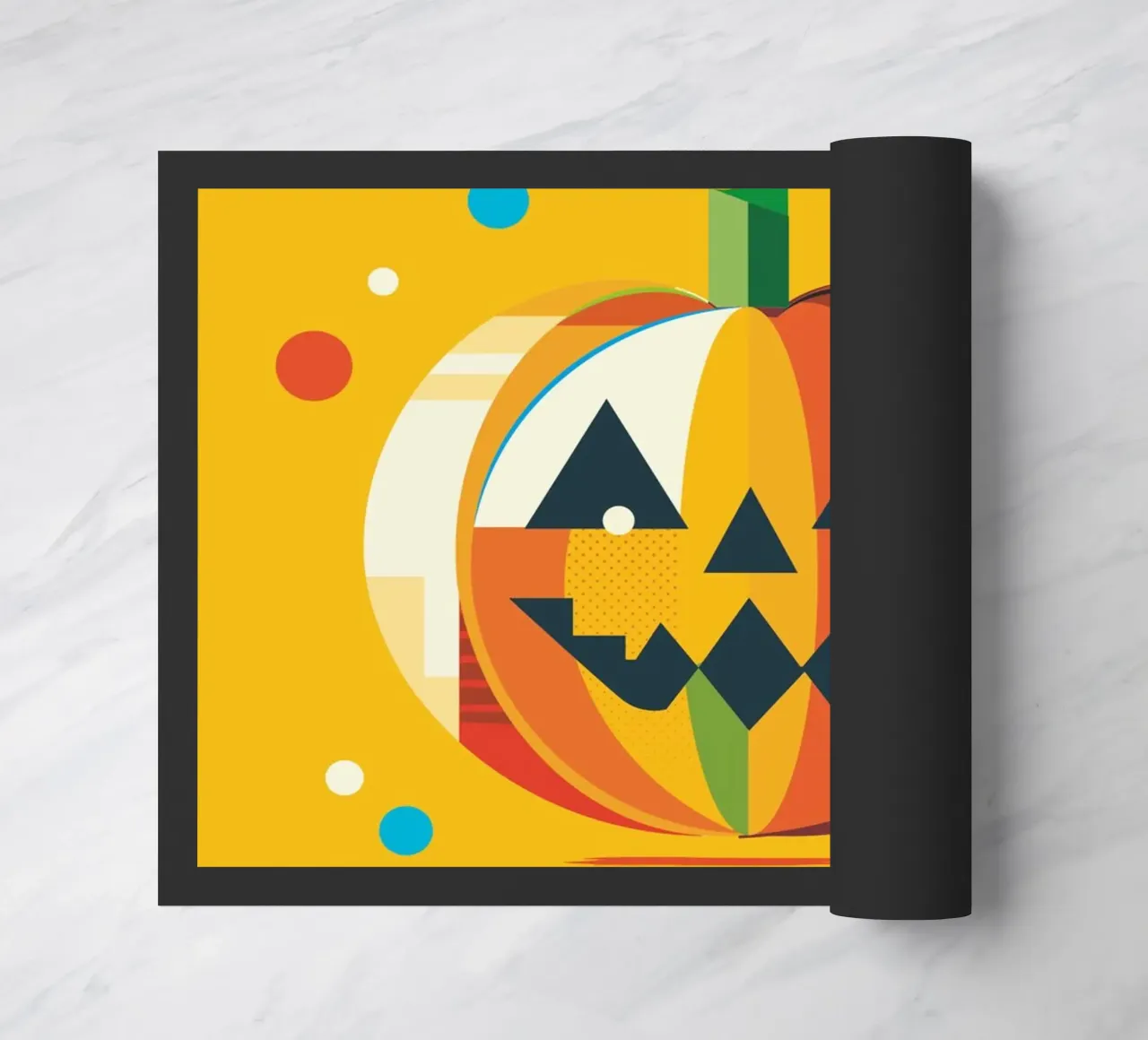 Zucca di Halloween geometrica e colorata con un viso allegro zerbino da namosh