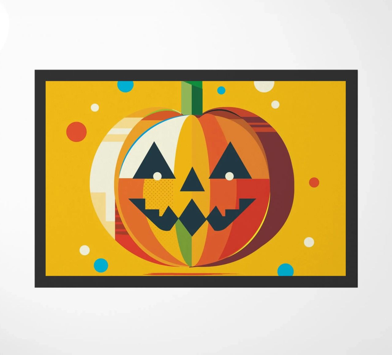 Zucca di Halloween geometrica e colorata con un viso allegro zerbino da namosh