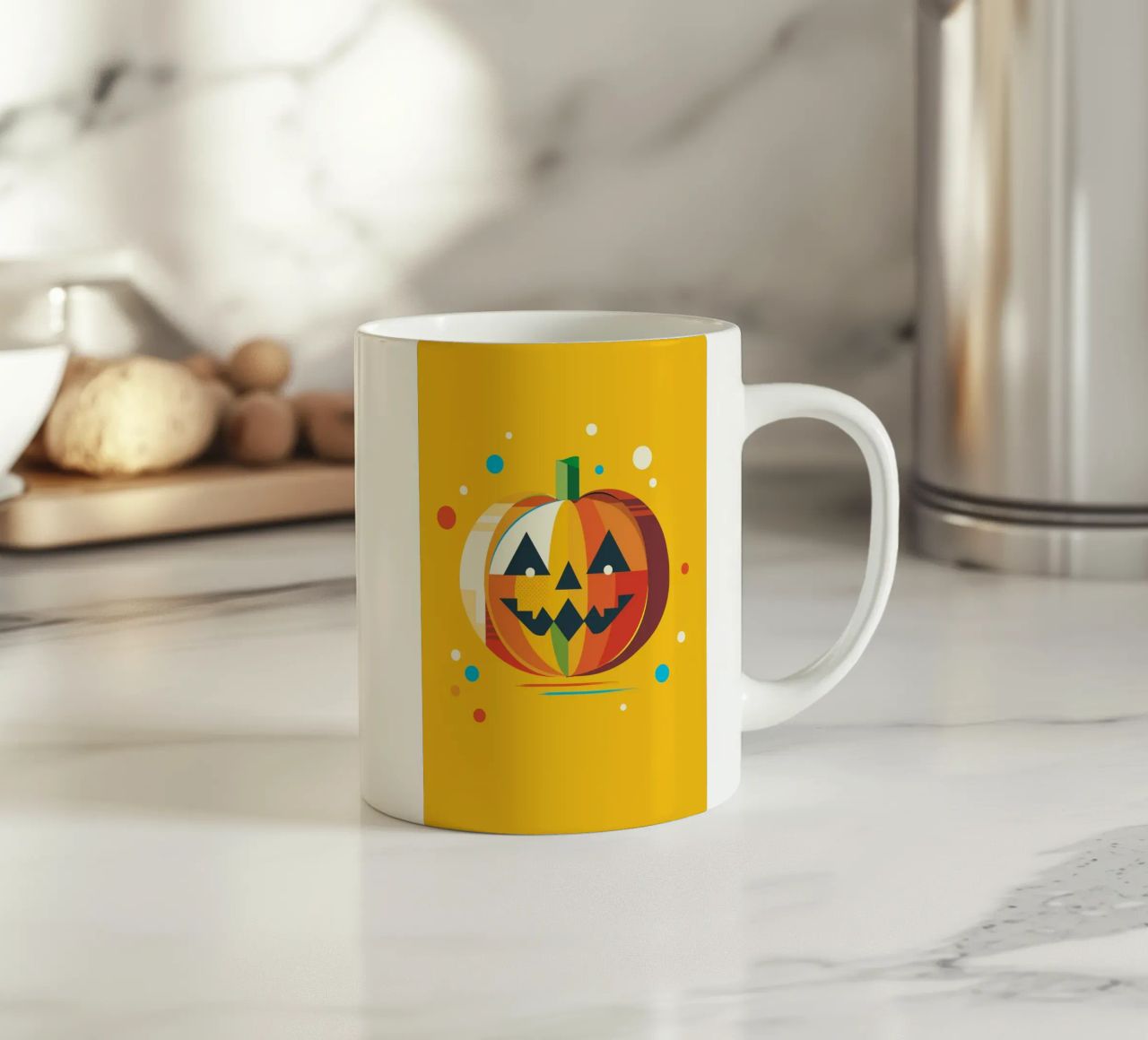 Zucca di Halloween geometrica e colorata con un viso allegro tazza in ceramica da namosh