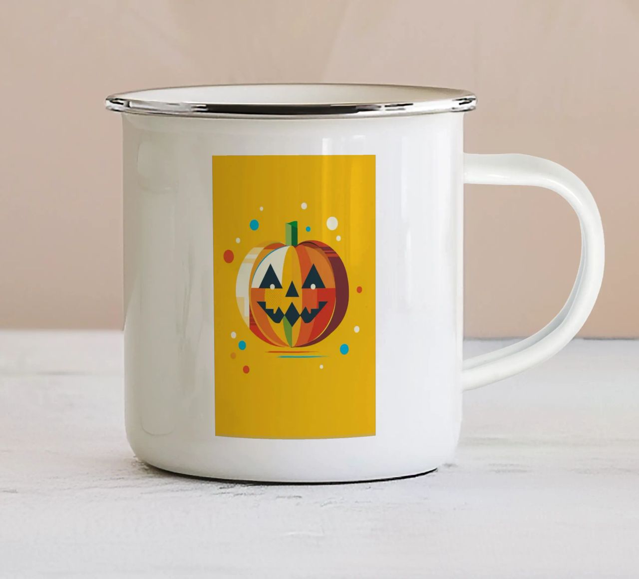 Zucca di Halloween geometrica e colorata con un viso allegro tazza in smalto da namosh