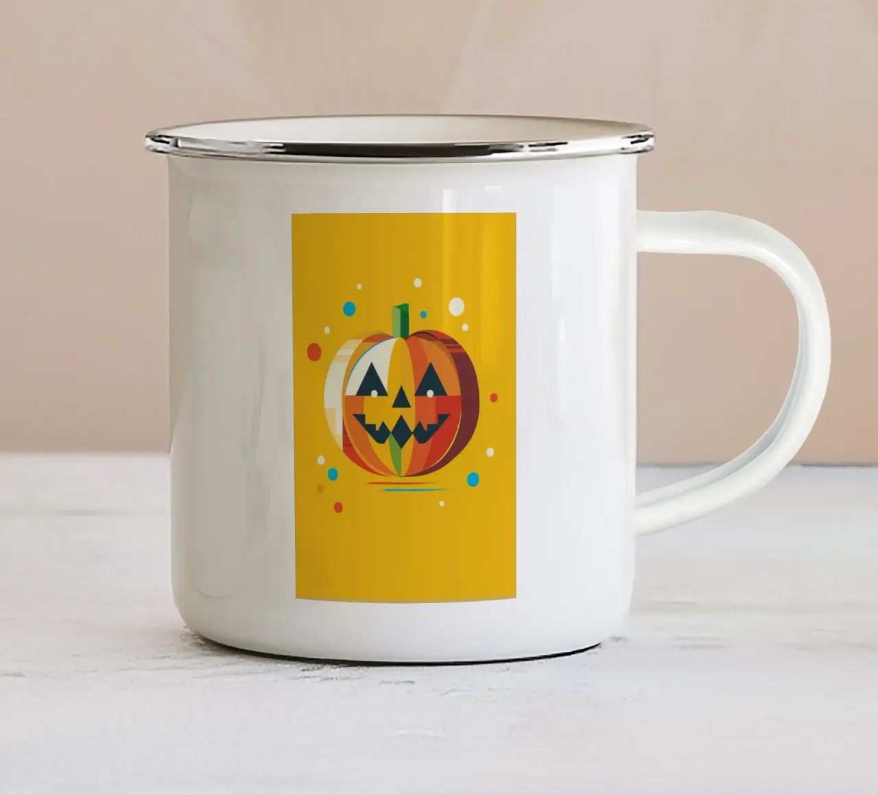 Colourful geometric Halloween pumpkin with a cheerful face enamel mug by namosh