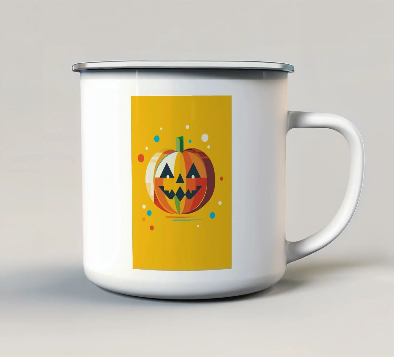 Zucca di Halloween geometrica e colorata con un viso allegro tazza in smalto da namosh