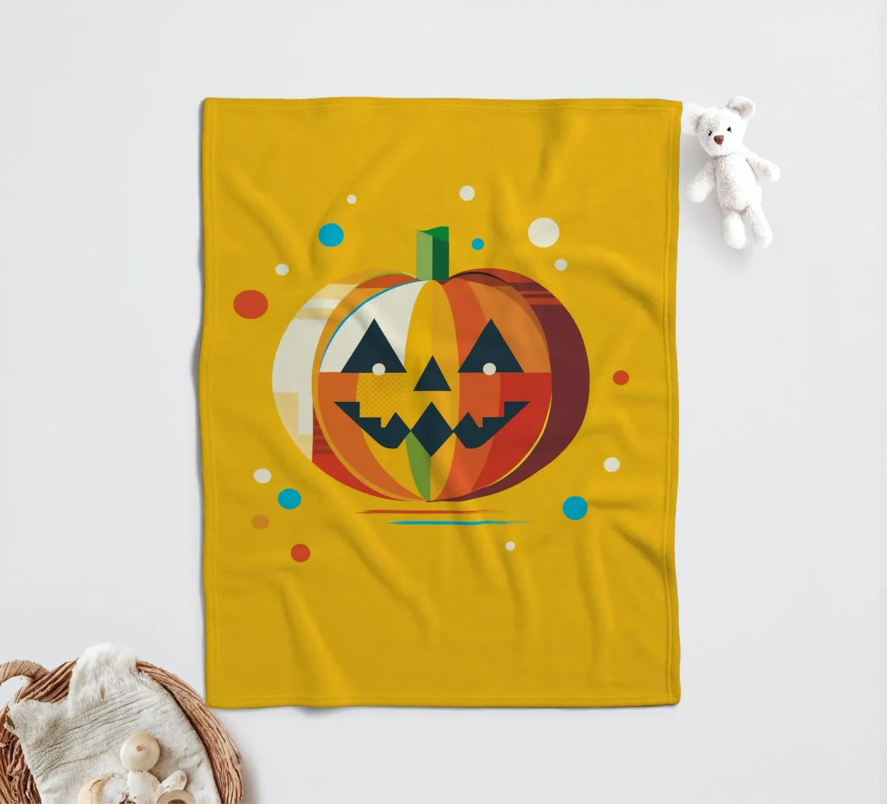 Zucca di Halloween geometrica e colorata con un viso allegro coperta in pile da namosh
