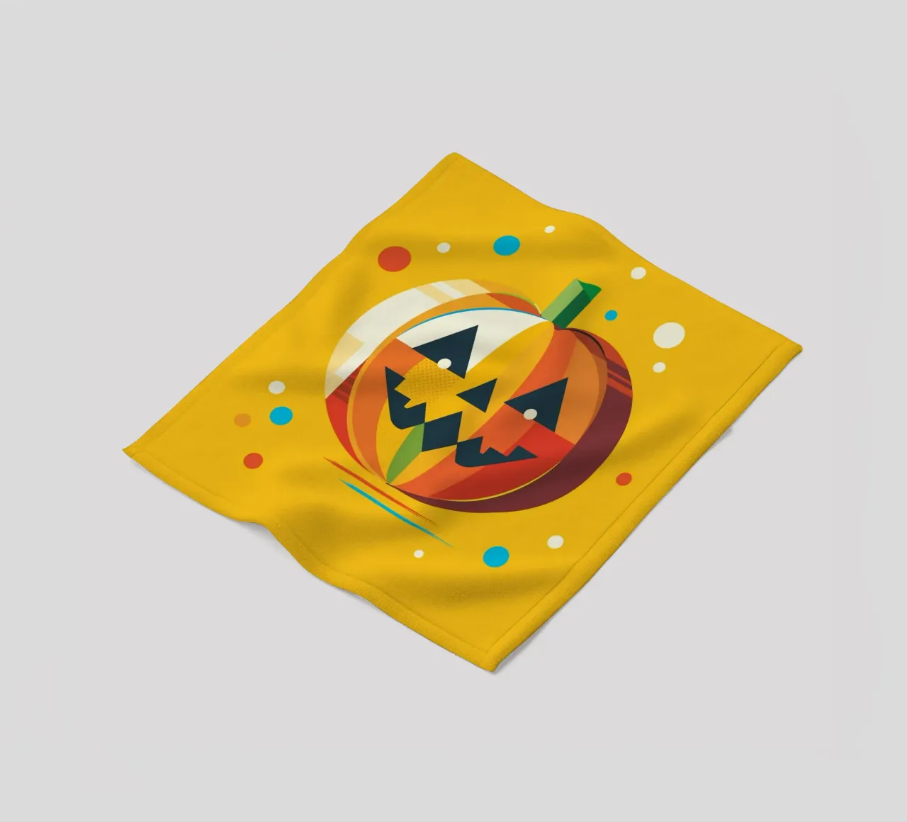 Zucca di Halloween geometrica e colorata con un viso allegro coperta in pile da namosh