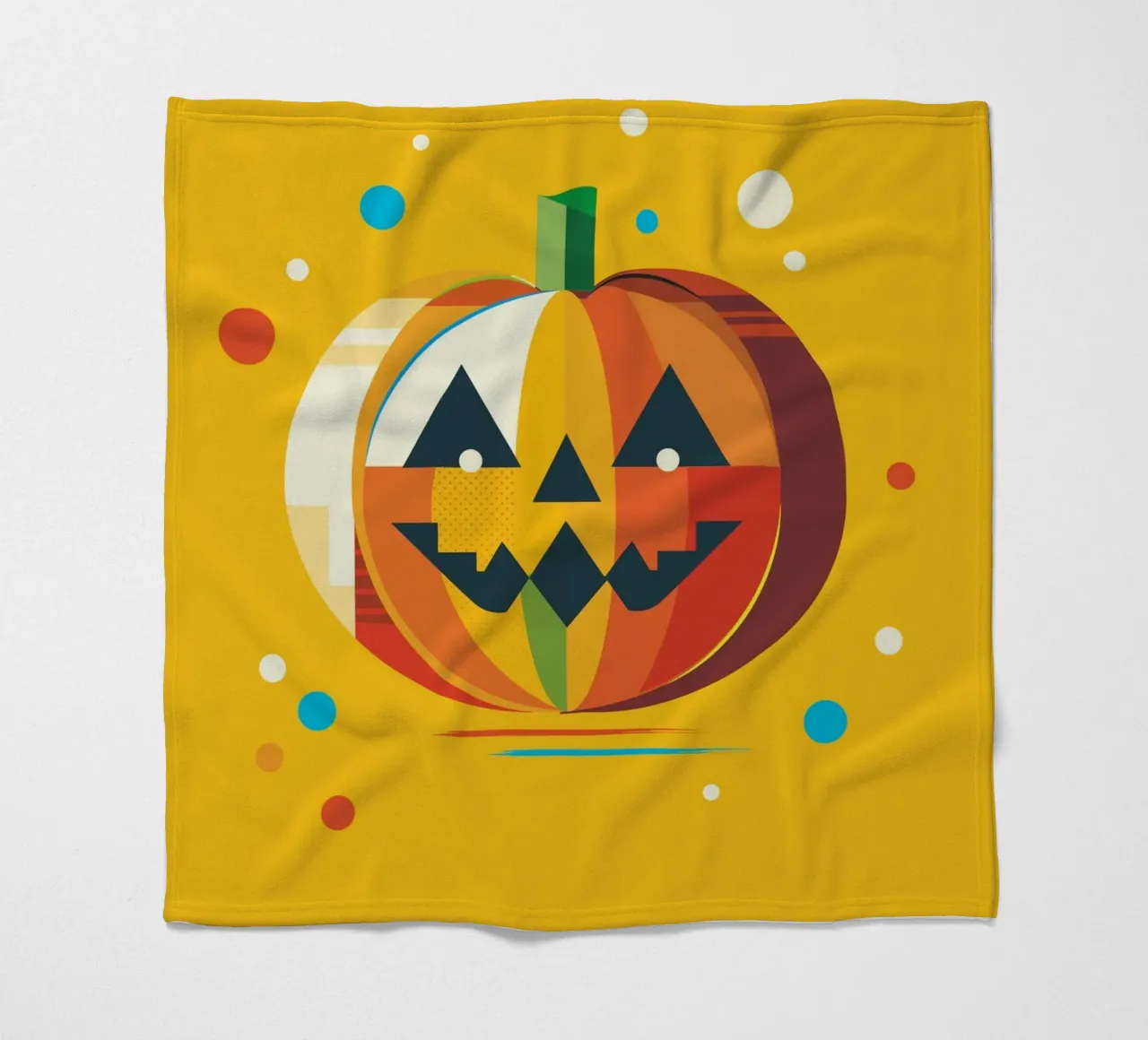 Zucca di Halloween geometrica e colorata con un viso allegro coperta in pile da namosh