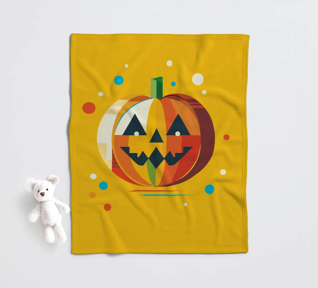 Zucca di Halloween geometrica e colorata con un viso allegro coperta in pile da namosh