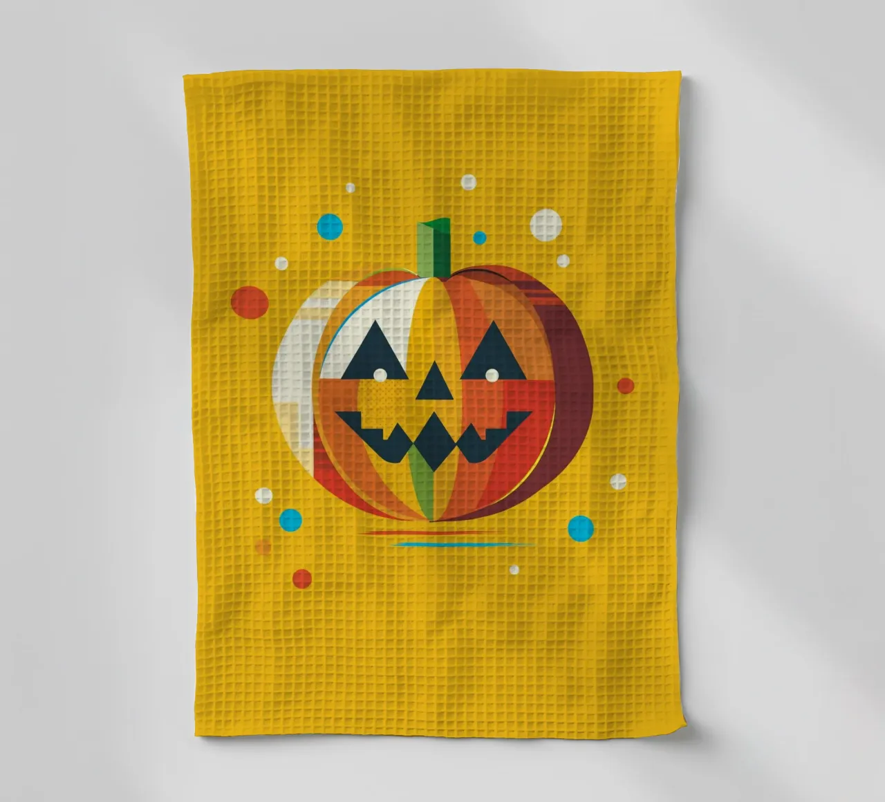 Zucca di Halloween geometrica e colorata con un viso allegro canovaccio da cucina da namosh