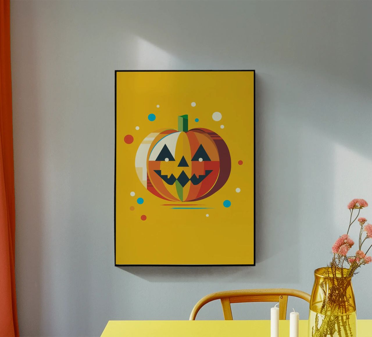Zucca di Halloween geometrica e colorata con un viso allegro plexiglass da namosh