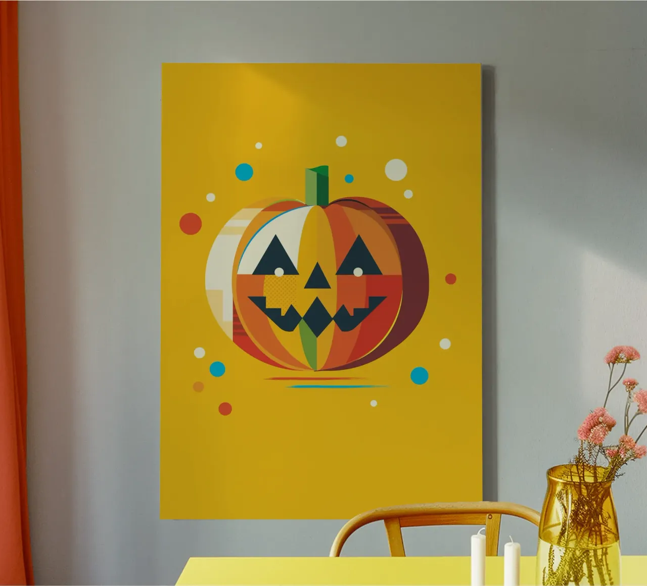 Zucca di Halloween geometrica e colorata con un viso allegro tela da namosh