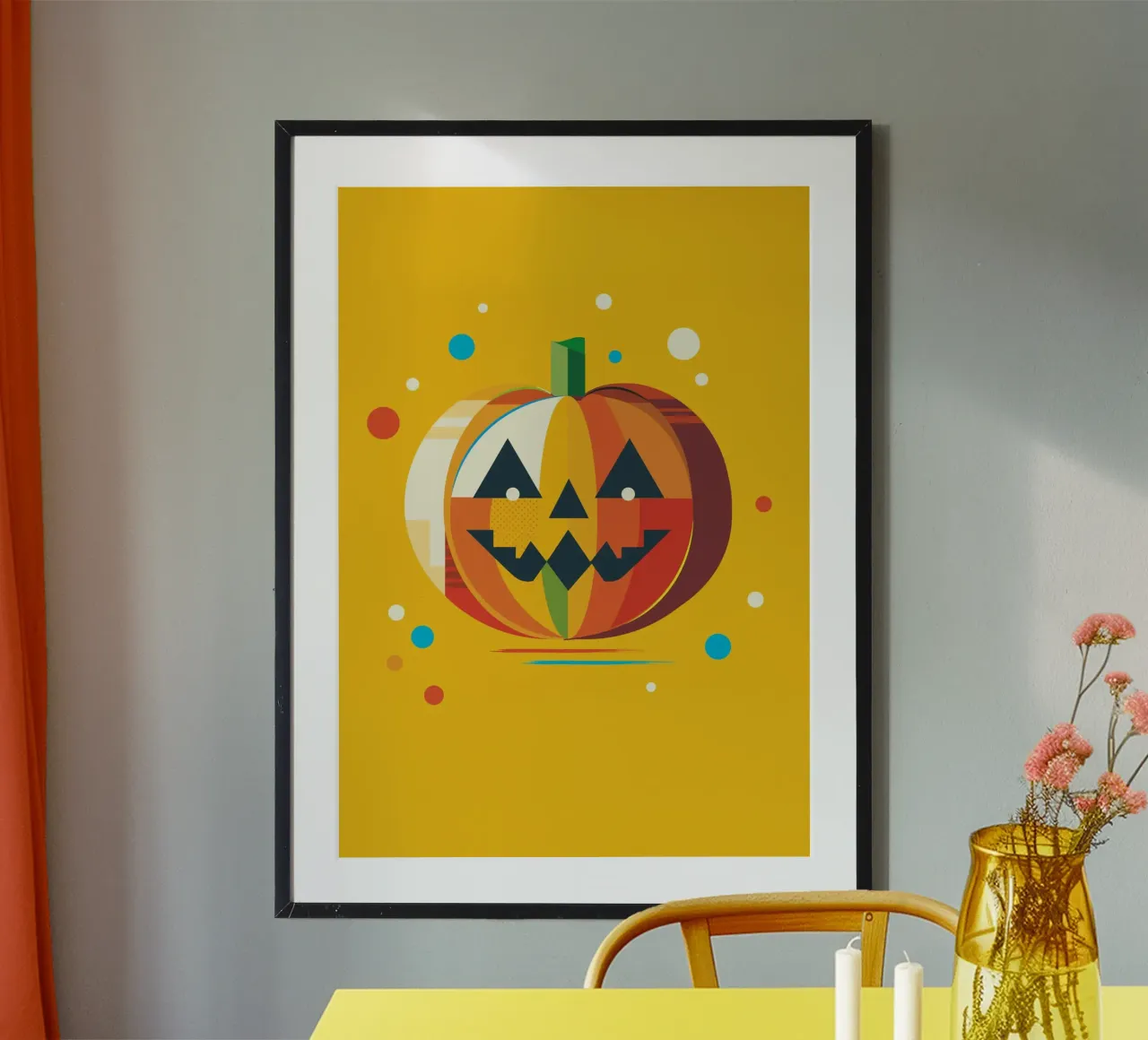Zucca di Halloween geometrica e colorata con un viso allegro carta hahnemühle da namosh