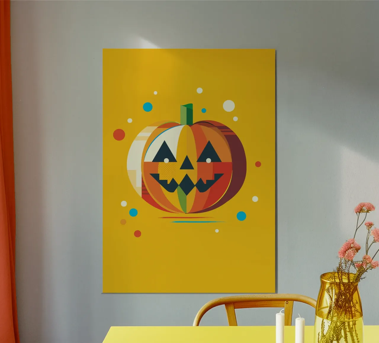 Zucca di Halloween geometrica e colorata con un viso allegro poster da namosh