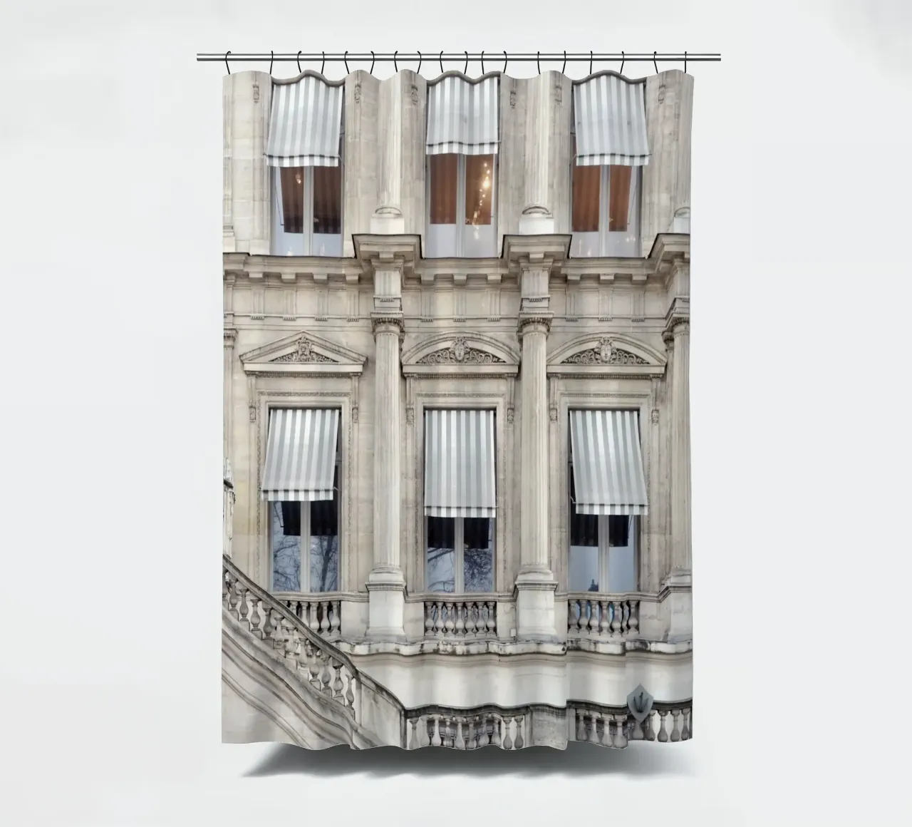 Paris Building with Striped Awning tenda da doccia da GraceDigitalArtCo