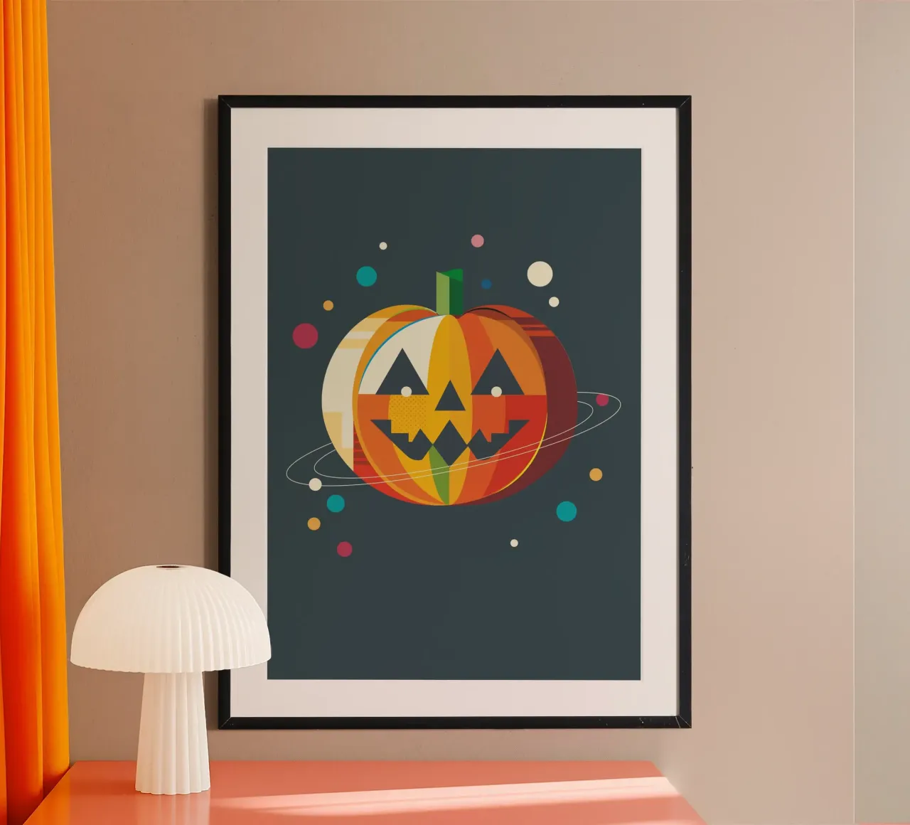 Zucca geometrica di Halloween in stile spaziale poster con telaio in plastica da namosh