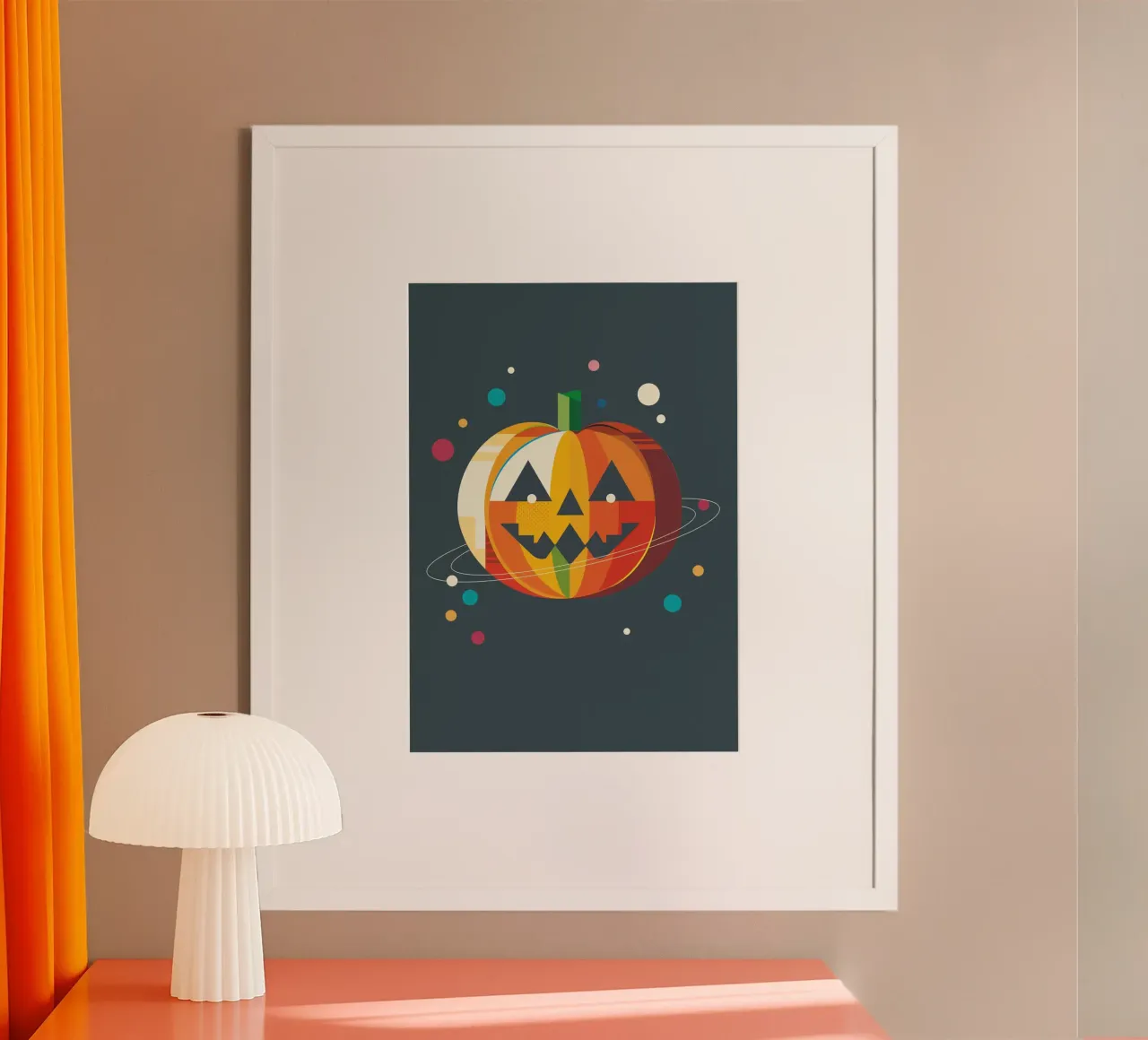 Zucca geometrica di Halloween in stile spaziale poster con telaio in plastica da namosh