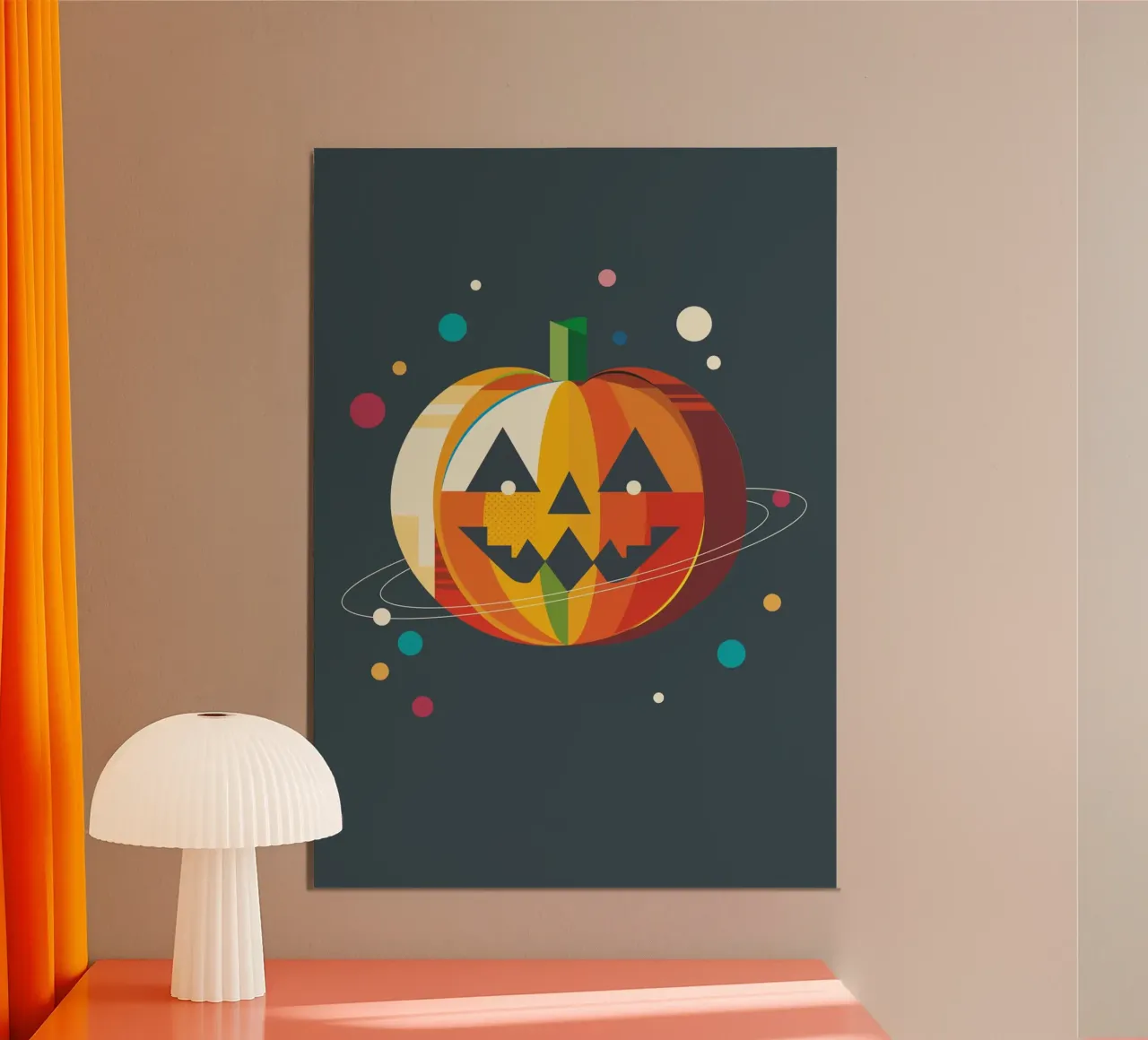 Zucca geometrica di Halloween in stile spaziale poster con telaio in plastica da namosh