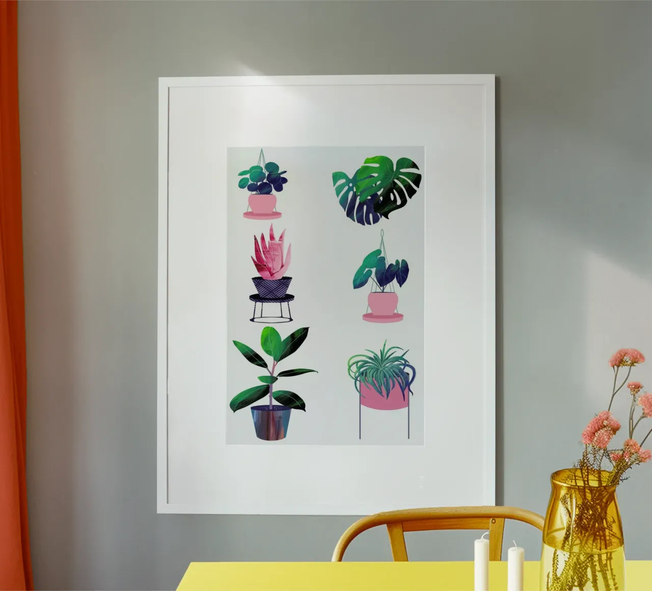 Pink and Green Houseplants poster with plastic frame by Rocket68