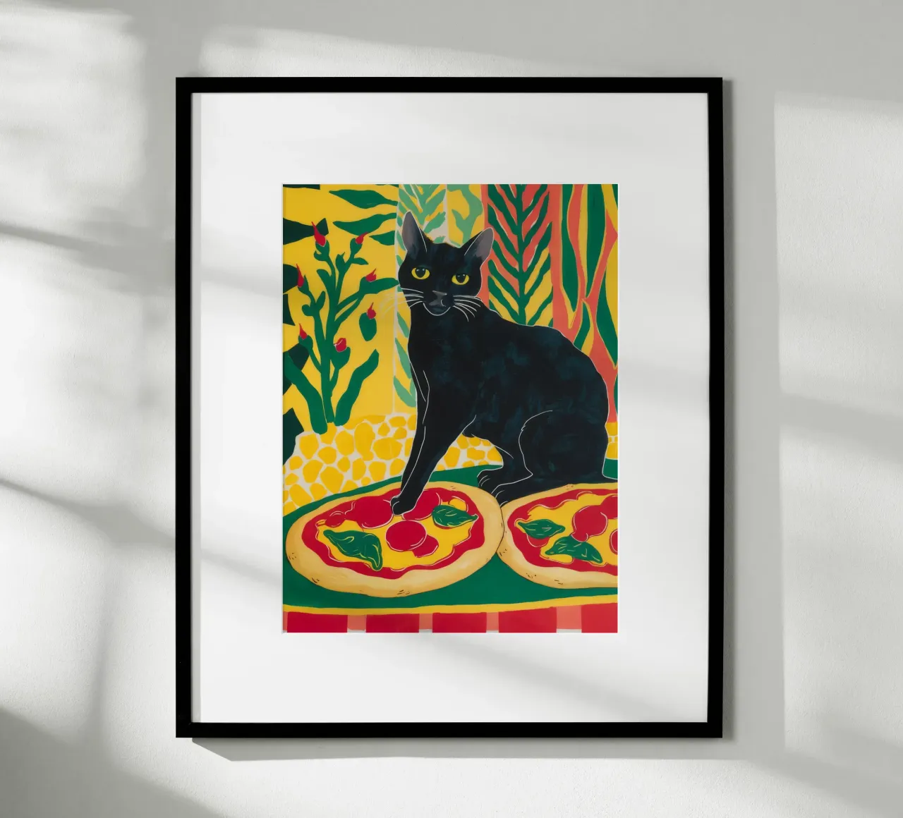 Noir Pizza Feline poster con telaio in legno da Lumi Eyes