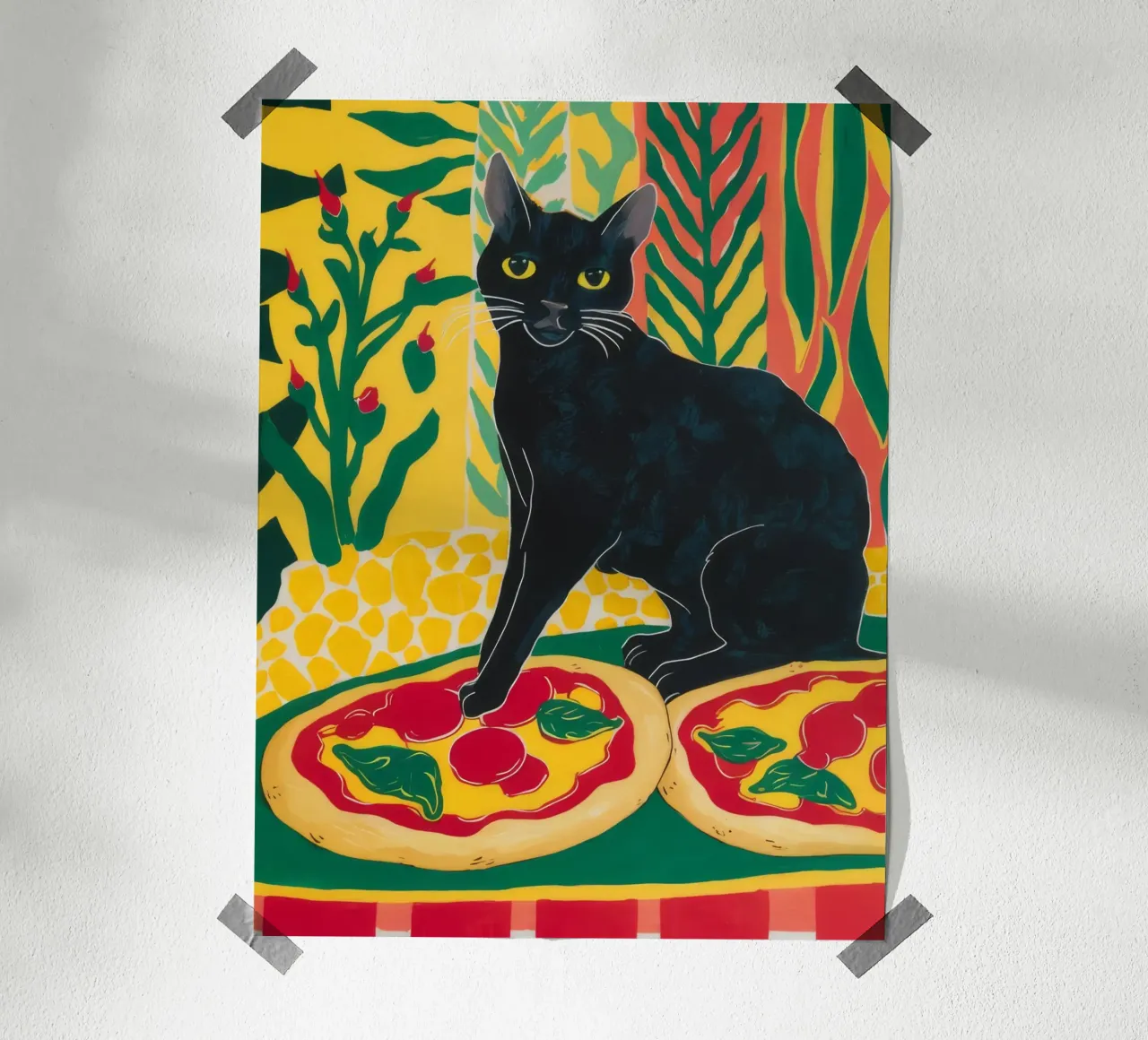 Noir Pizza Feline poster con telaio in legno da Lumi Eyes