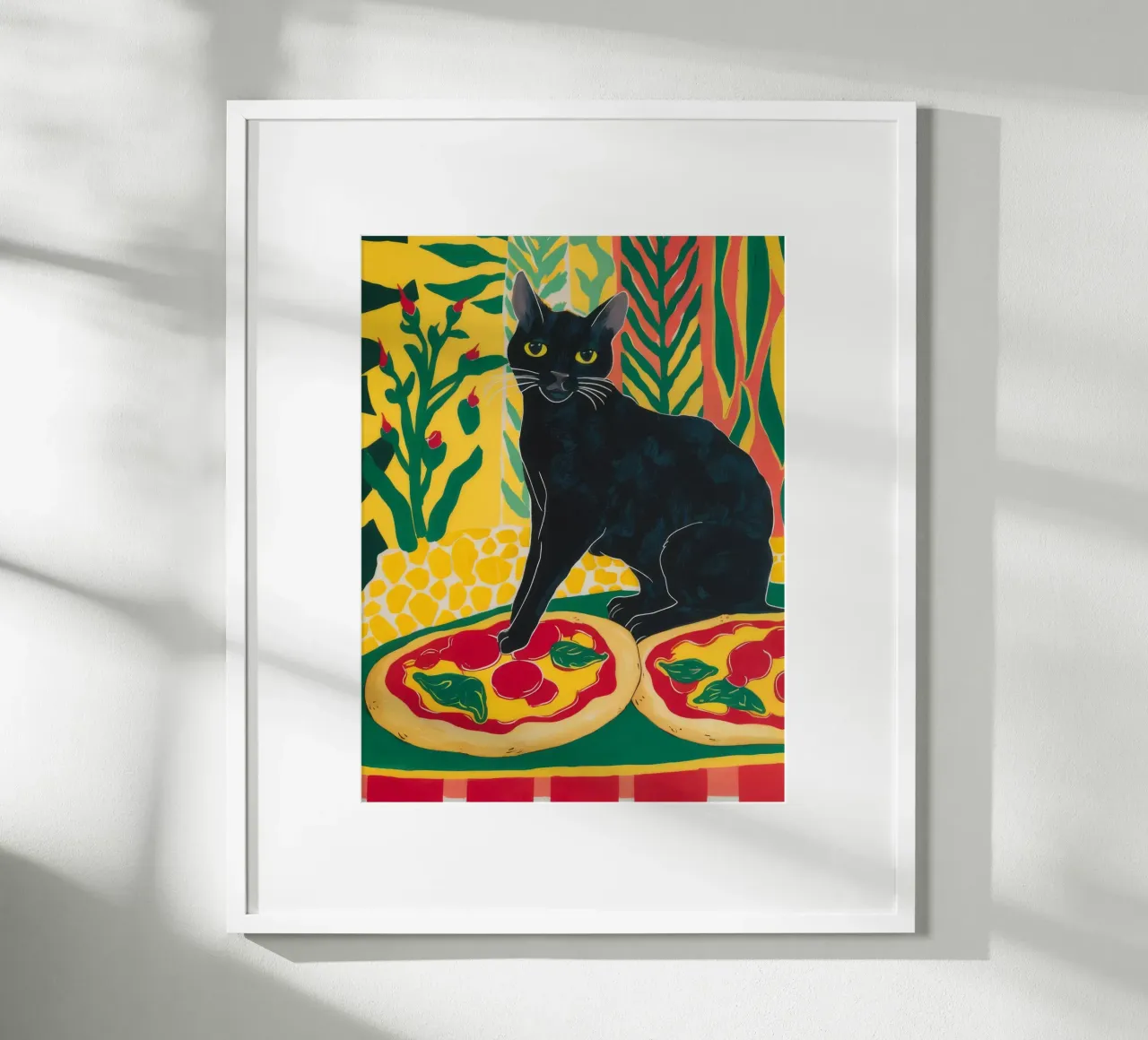 Noir Pizza Feline poster con telaio in legno da Lumi Eyes
