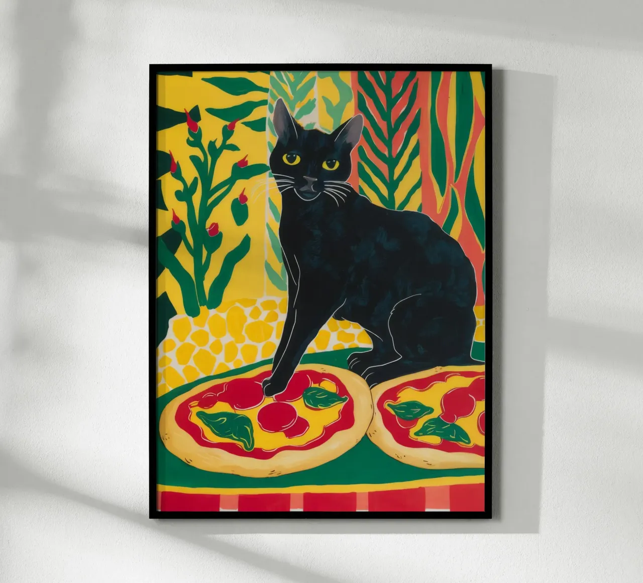 Noir Pizza Feline poster con telaio in legno da Lumi Eyes