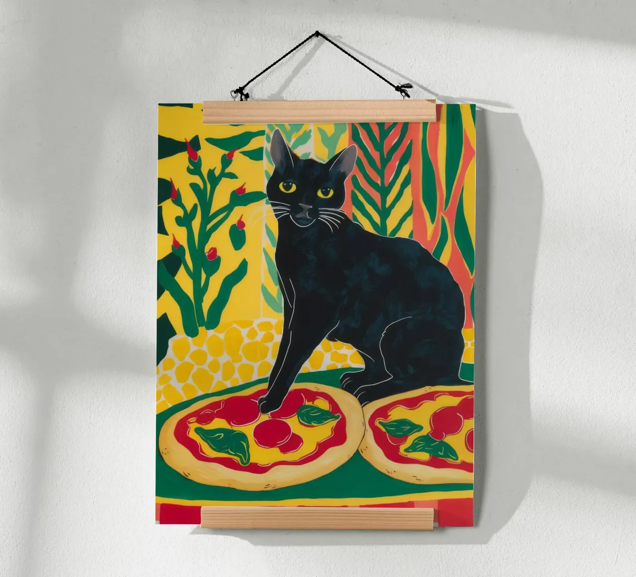 Noir Pizza Feline poster con telaio in legno da Lumi Eyes