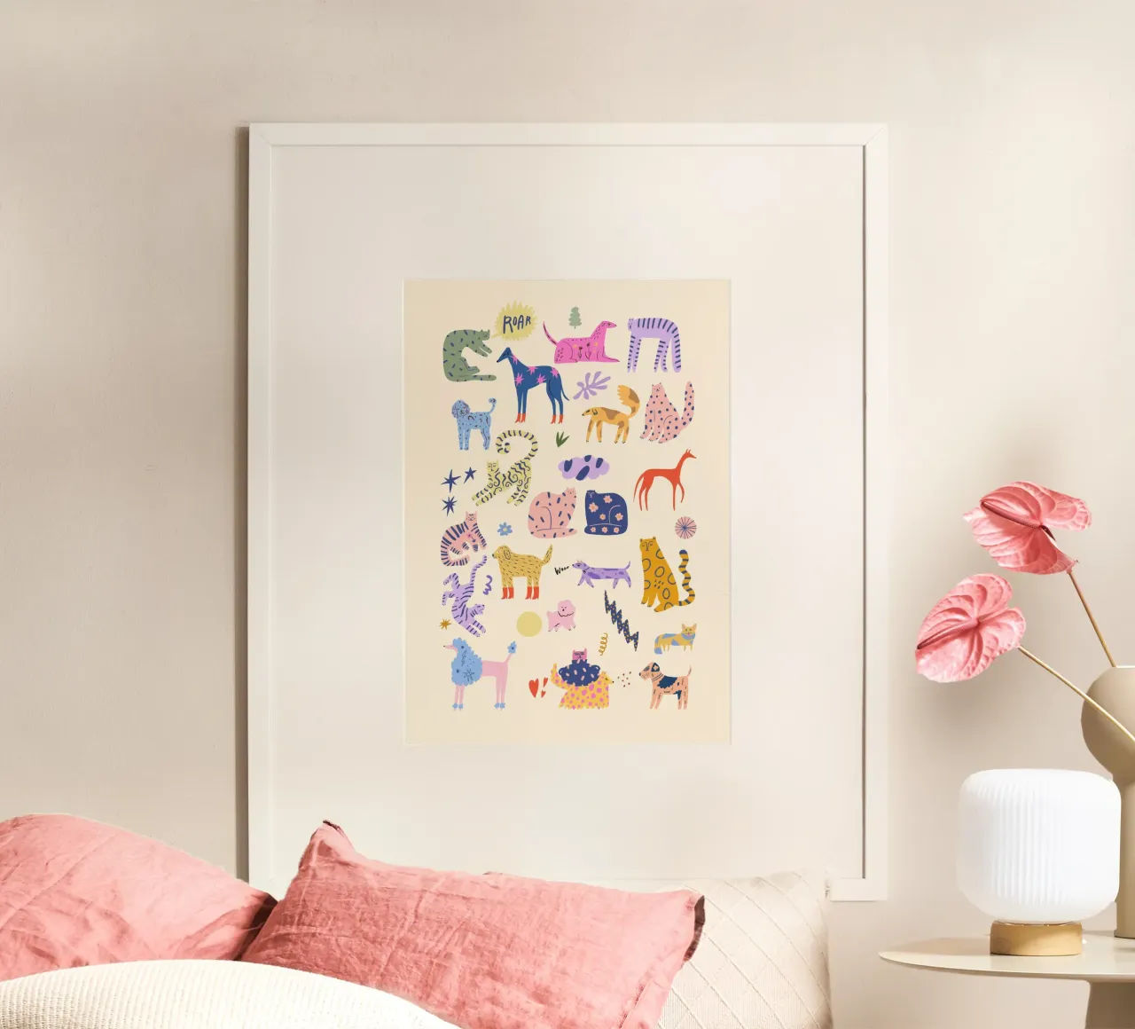 Cats and Dogs poster with plastic frame by Rose Beck Art