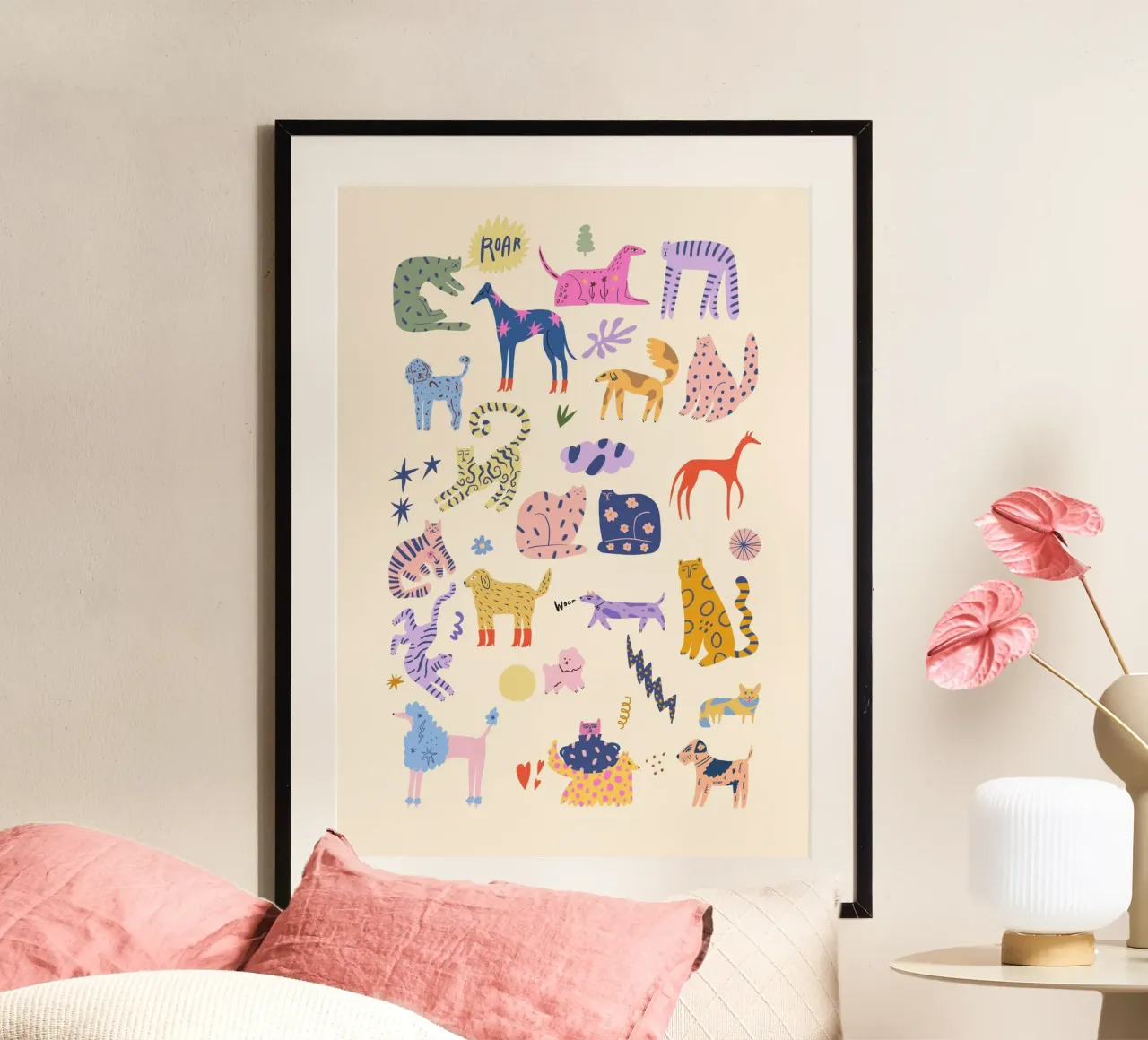 Cats and Dogs poster with plastic frame by Rose Beck Art