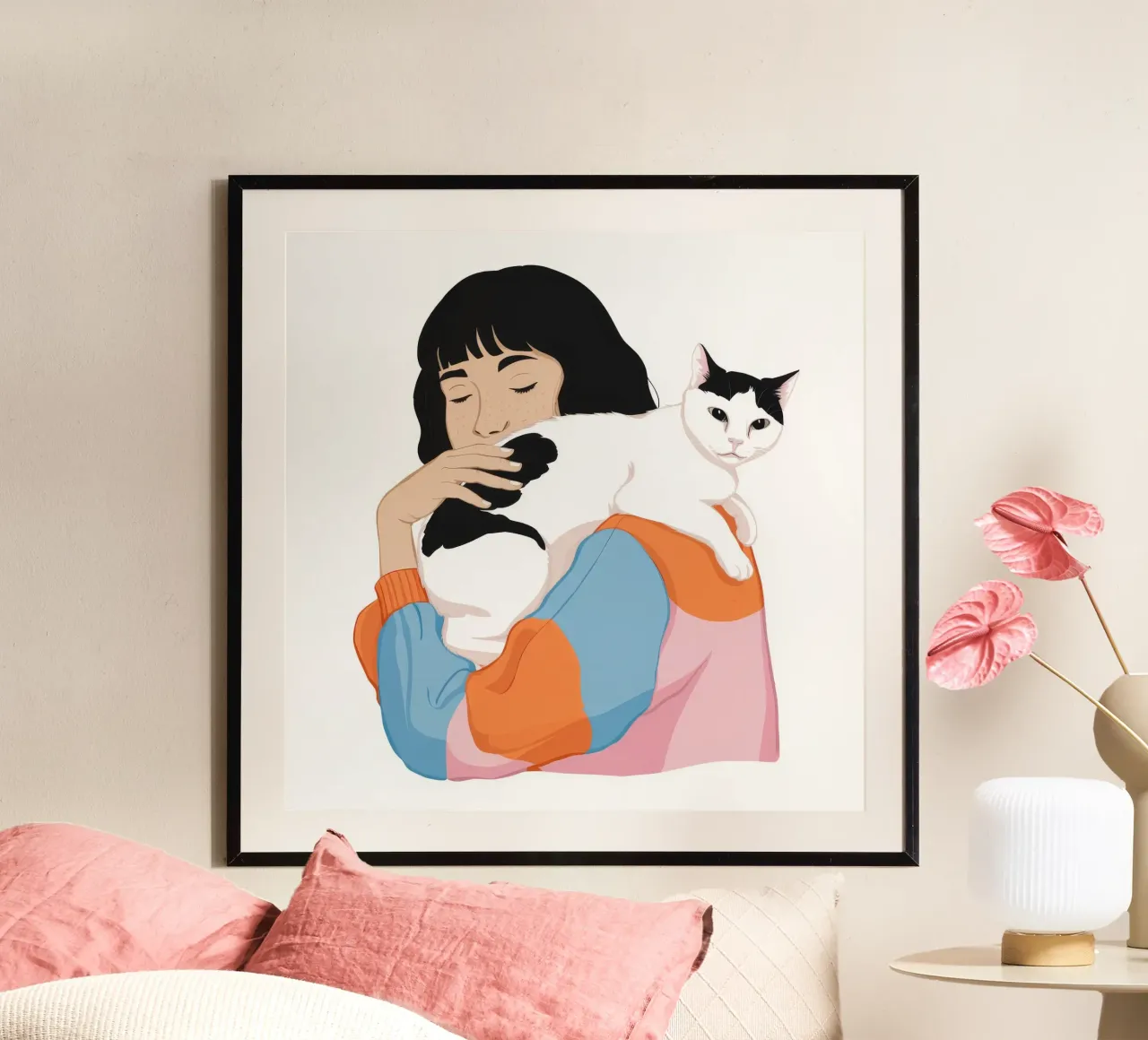 Affection douce pour les chats poster avec cadre en bois de Chroma Haven