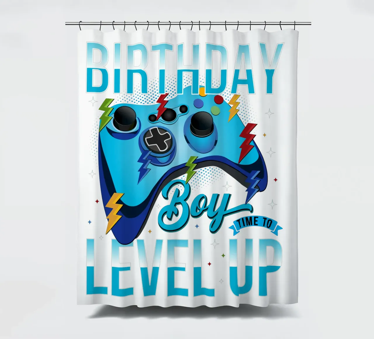 Birthday Boy, Time to Level Up shower curtain by edsonramosart