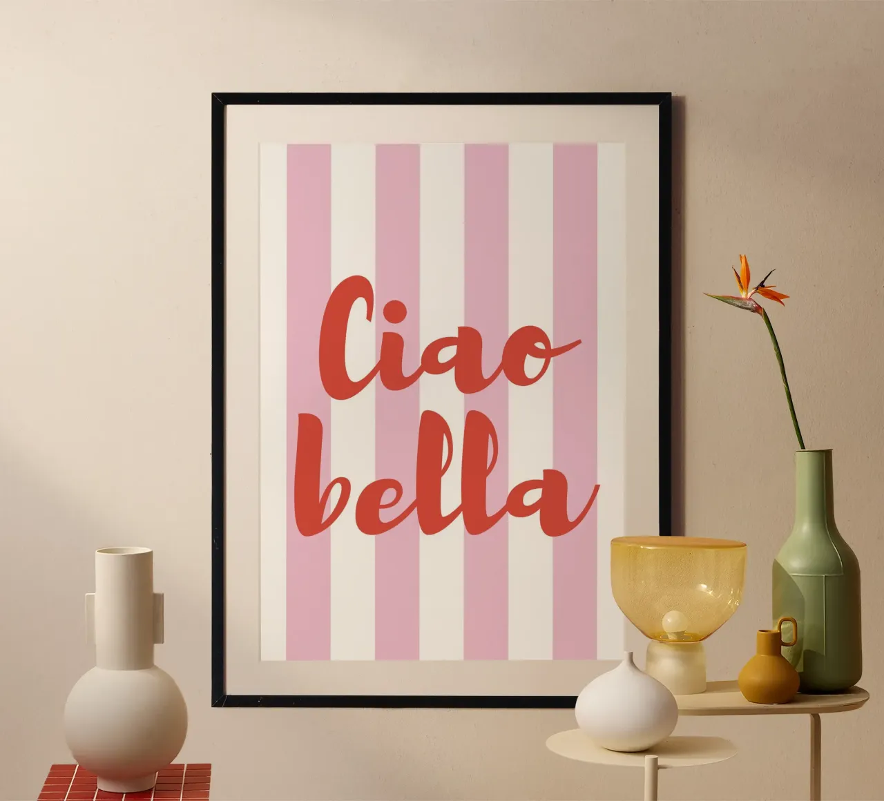 Ciao Bella Zitat Druck - Rosa und weiße Streifen Hahnemühle von pdigitalprints