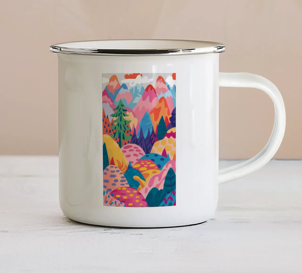 Abstracte berglandschap kleuren emaille mok van Chroma Haven