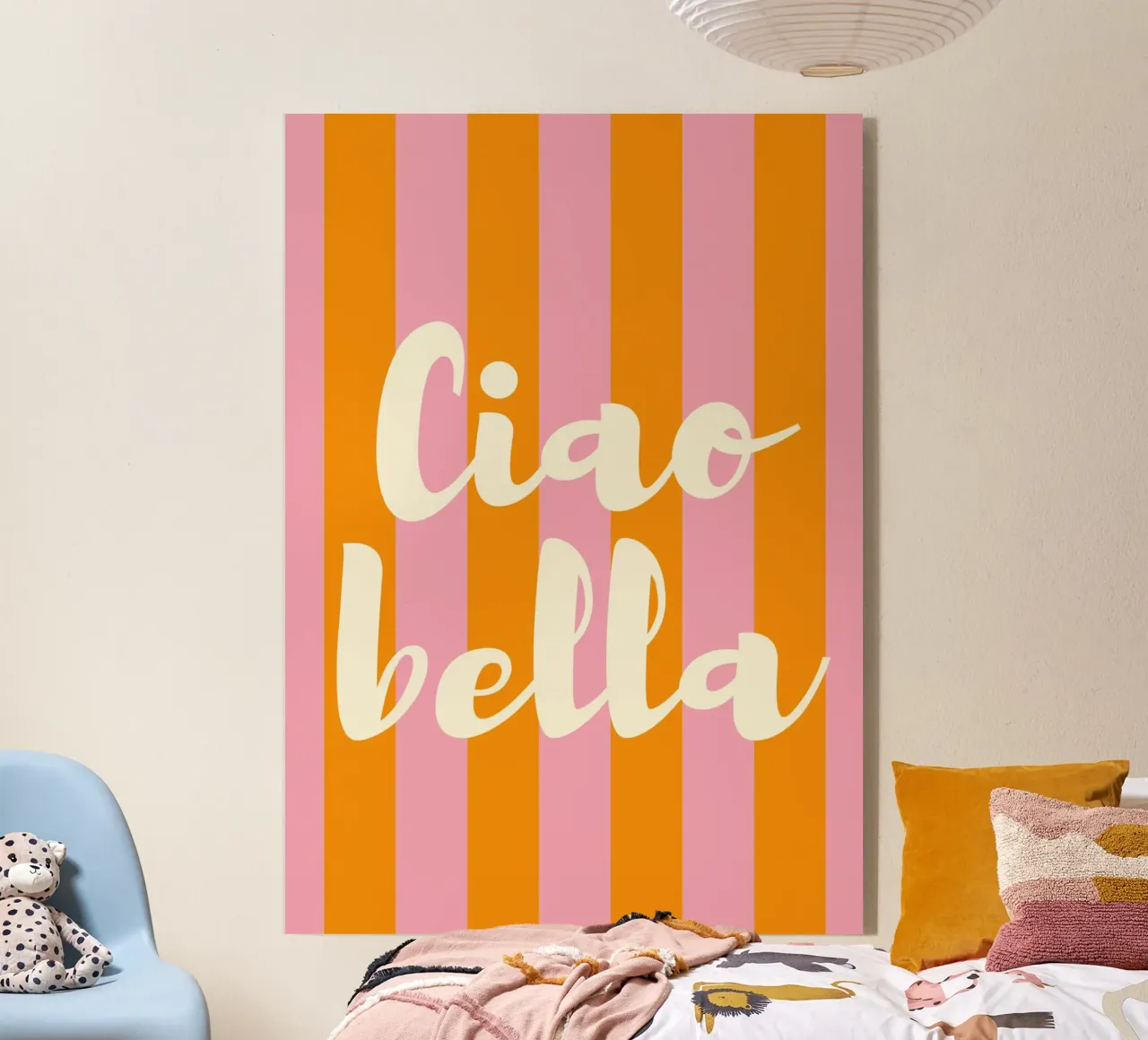 Ciao Bella Art Print – Pink and Orange Striped Italian Quote acrylic glass by pdigitalprints