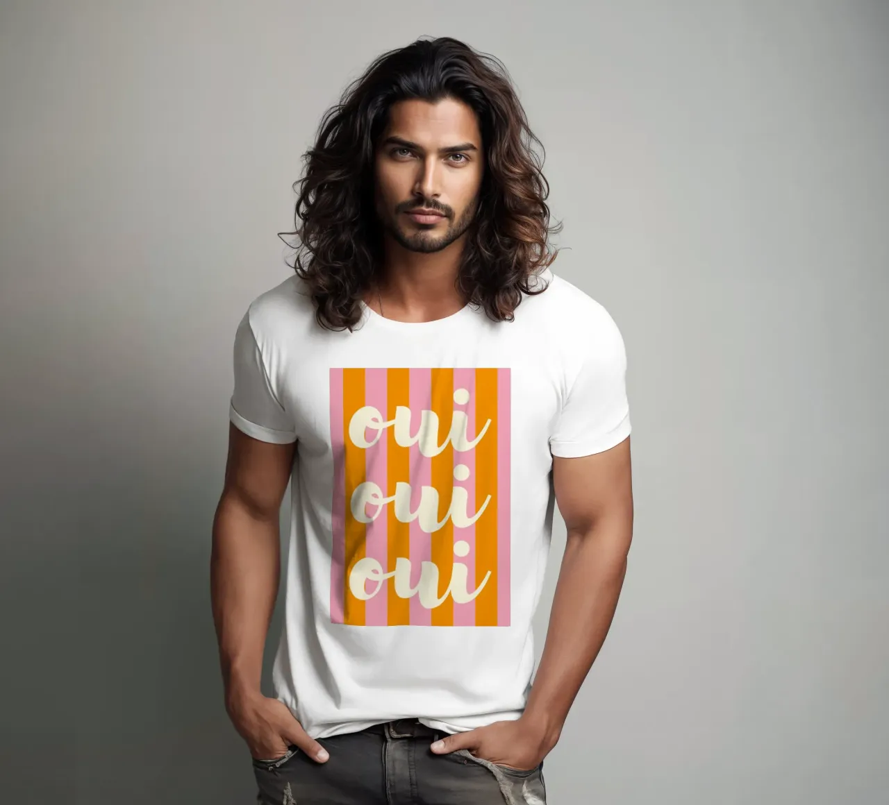 Oui Oui Oui French Quote Art - Retro a righe rosa e arancione t-shirt da pdigitalprints