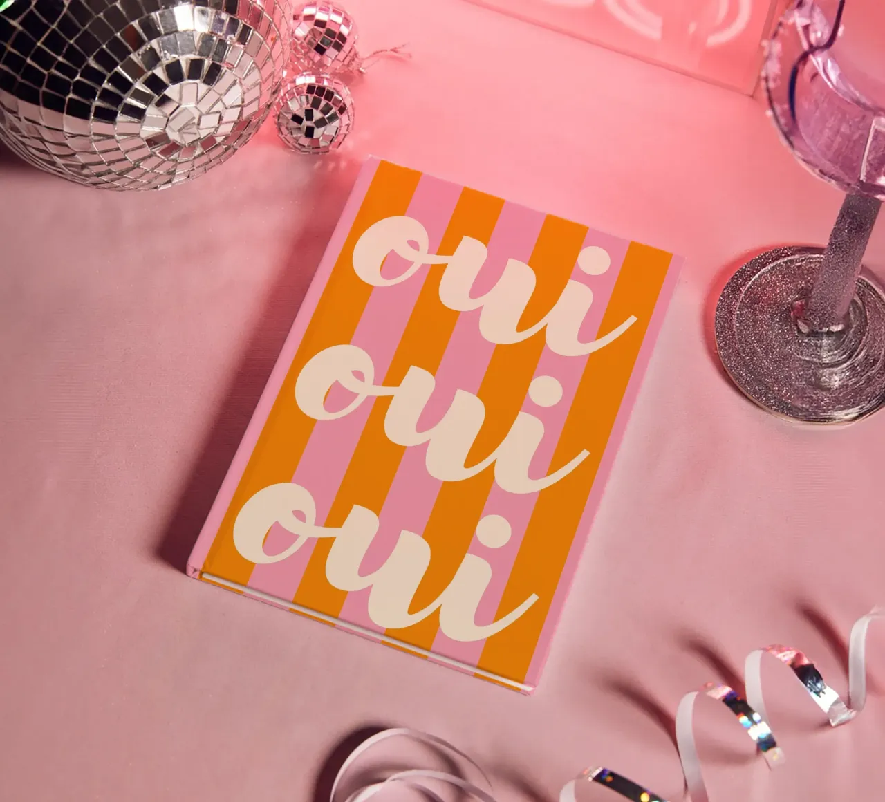 Oui Oui Oui French Quote Art - Retro Pink and Orange Stripe notebook by pdigitalprints